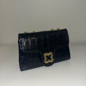 Vintage Black leather clutch bag with gold accents and gold chain